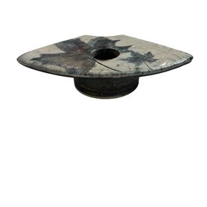 Maple Leaf Imprinted Flower Frog Floral Vase Glazed Ceramic Handmade Blue Cream